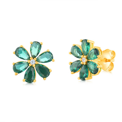 Sterling Silver Gold Plated Green Cubic Zirconia Flower Stud Earrings