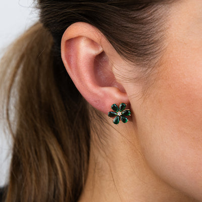 Sterling Silver Gold Plated Green Cubic Zirconia Flower Stud Earrings