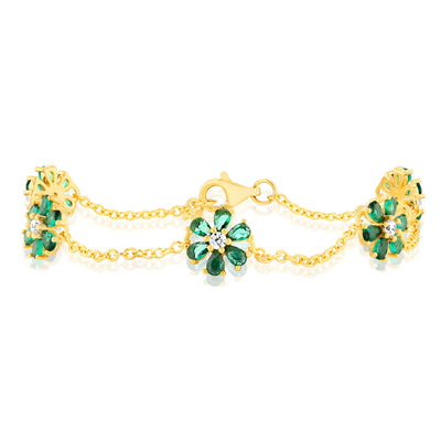 Sterling Silver Gold Plated Green Cubic Zirconia Flower Charm Bracelet