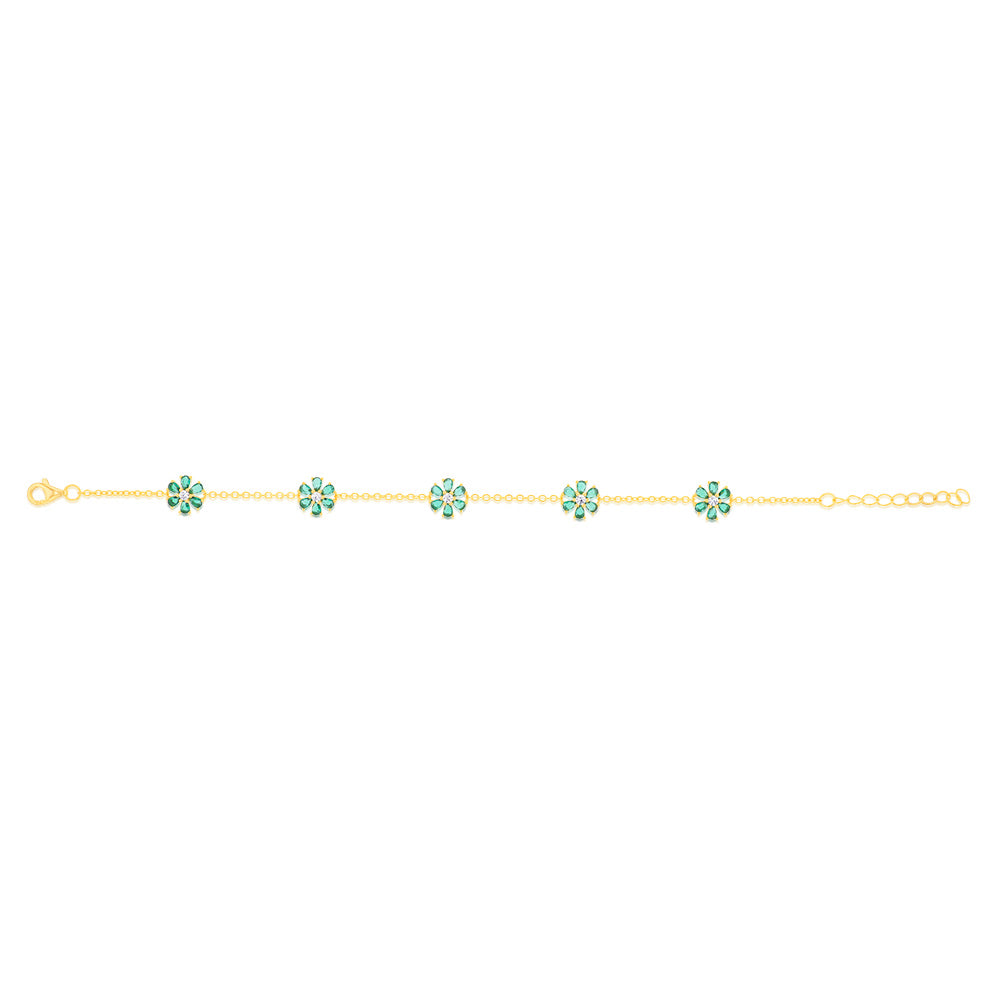 Sterling Silver Gold Plated Green Cubic Zirconia Flower Charm Bracelet