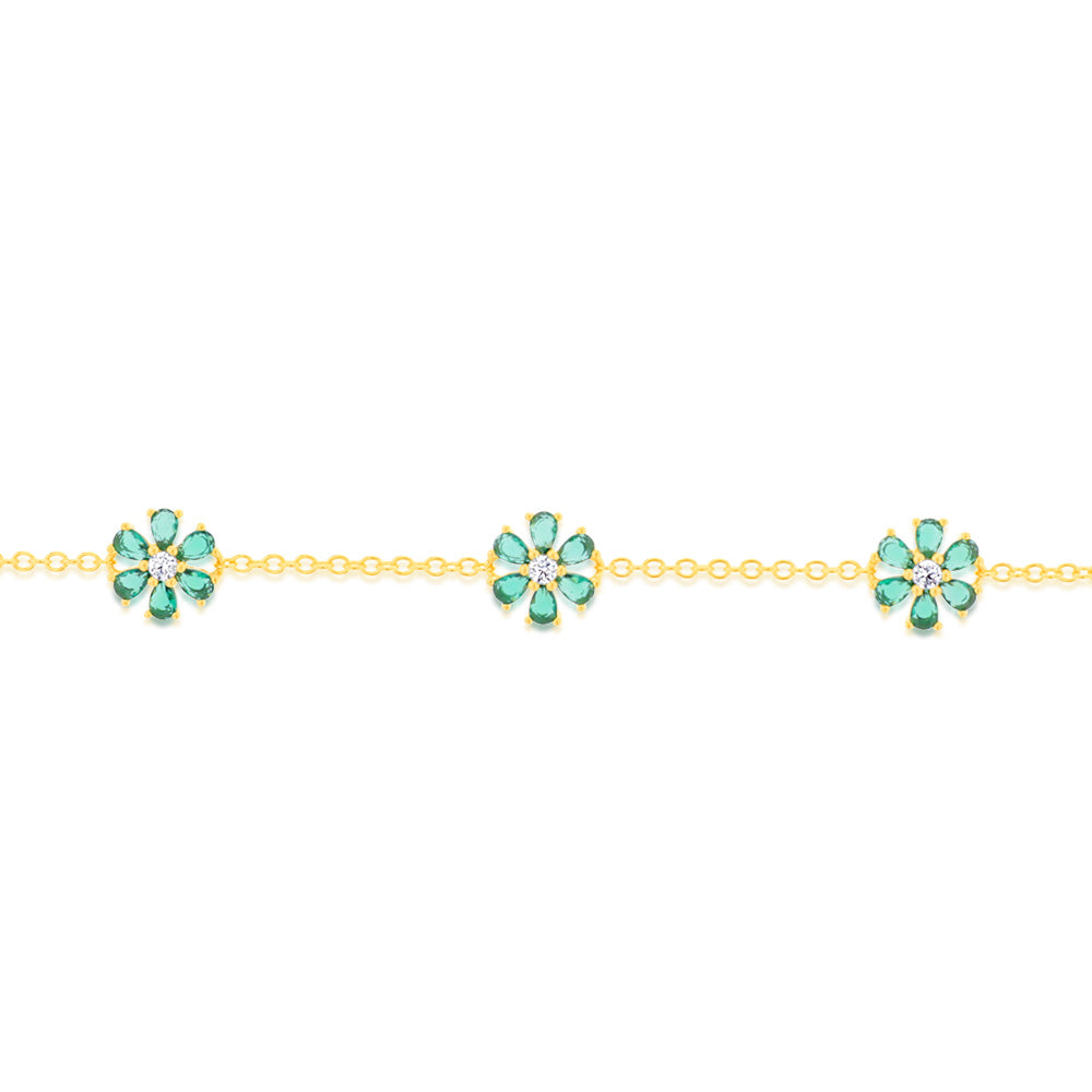 Sterling Silver Gold Plated Green Cubic Zirconia Flower Charm Bracelet