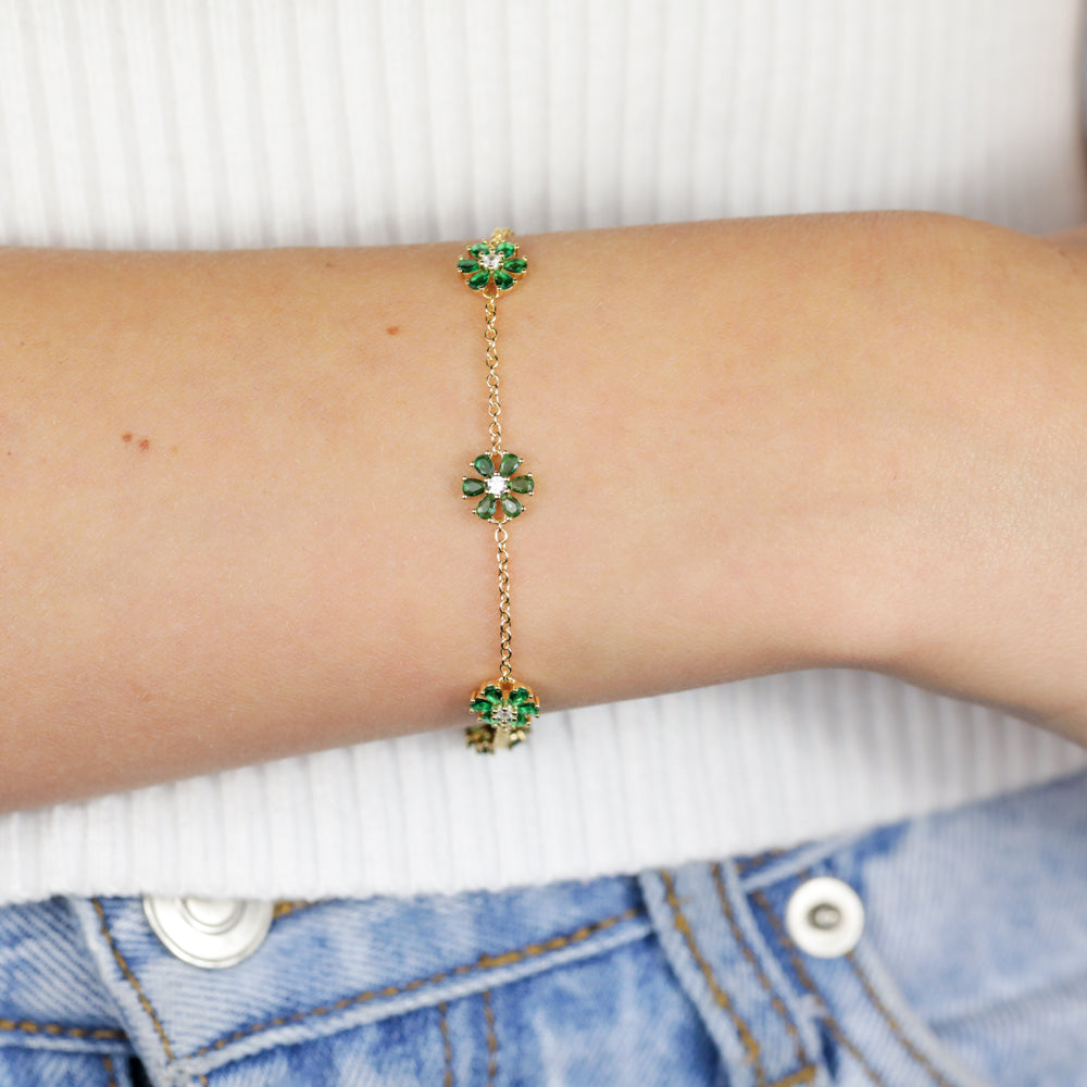 Sterling Silver Gold Plated Green Cubic Zirconia Flower Charm Bracelet