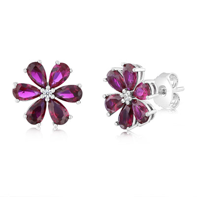 Sterling Silver Rhodium Plated Red Cubic Zirconia Flower Stud Earrings