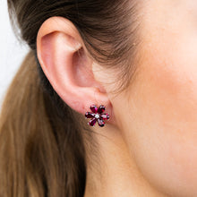 Load image into Gallery viewer, Sterling Silver Rhodium Plated Red Cubic Zirconia Flower Stud Earrings