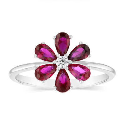 Sterling Silver Rhodium Plated Red Cubic Zirconia Flower Ring