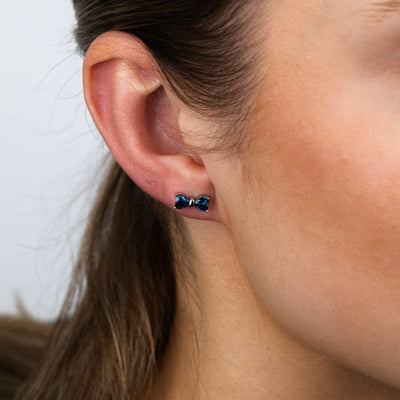 Sterling Silver Rhodium Plated Blue Heart Shaped Cubic Zirconia Stud Earrings