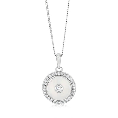 Sterling Silver Rhodium Plated Cubic Zirconia White Shell Pearl Round Pendant