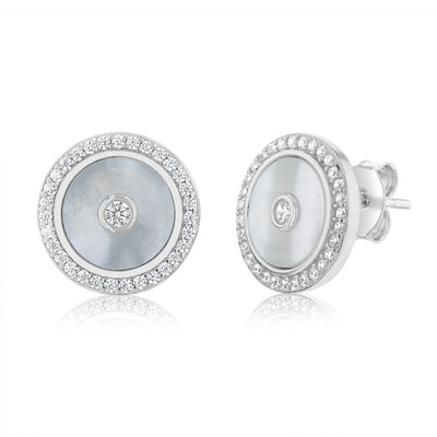 Sterling Silver Rhodium Plated Cubic Zirconia White Shell Pearl Round Stud Earrings