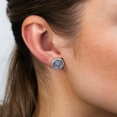 Sterling Silver Rhodium Plated Cubic Zirconia White Shell Pearl Round Stud Earrings