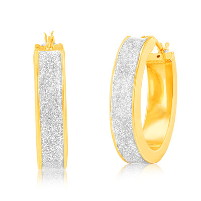 Sterling Silver Gold Plated Glitter Silver Enamel Oval Hoop Earrings