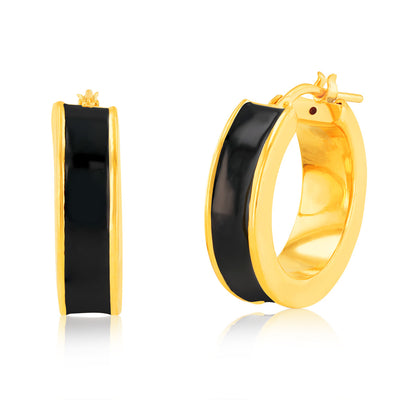 Sterling Silver Gold Plated Black Enamel 15mm Hoop Earrings