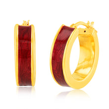 Load image into Gallery viewer, Sterling Silver Gold Plated Red Enamel Round 15mm Hoop Earrings