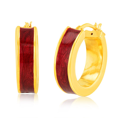 Sterling Silver Gold Plated Red Enamel Round 15mm Hoop Earrings