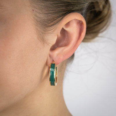 Sterling Silver Gold Plated Green Enamel Round 20mm Hoop Earrings
