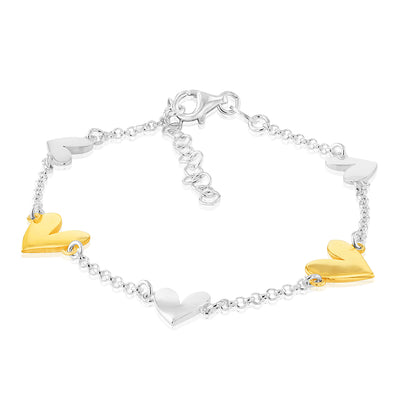 Sterling Silver Gold-Plated Two-Tone Heart Charm 17+3cm Bracelet