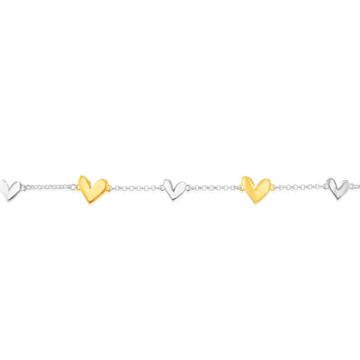 Sterling Silver Gold-Plated Two-Tone Heart Charm 17+3cm Bracelet