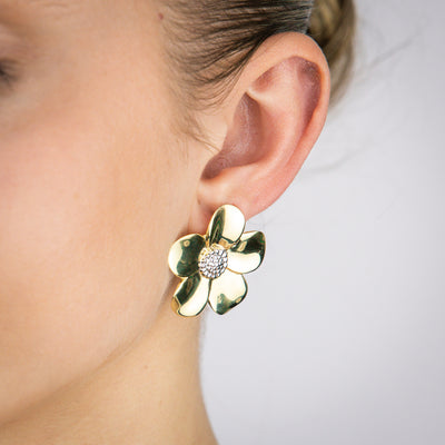 Sterling Silver Gold Plated Cubic Zirconia Flower Stud Earrings