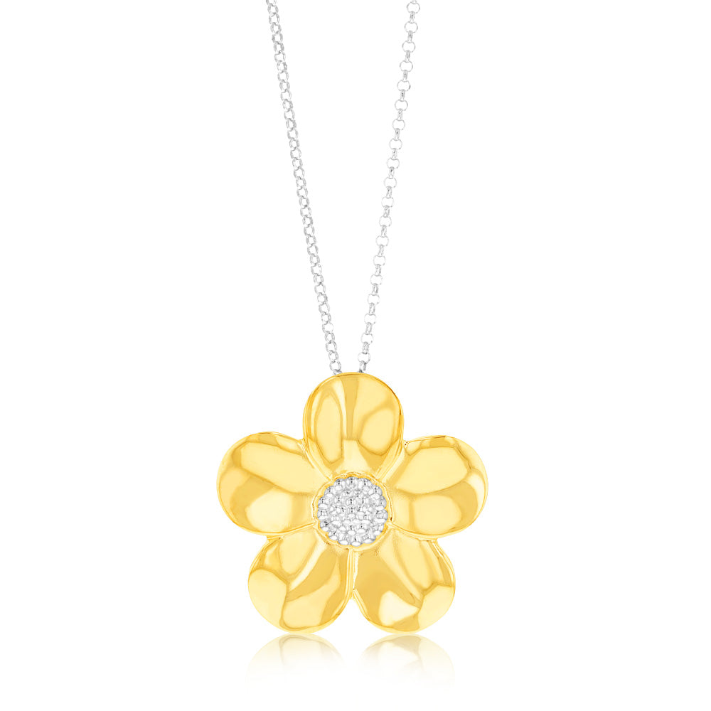 Sterling Silver Gold Plated Cubic Zirconia Flower Pendant on 40+5cm Silver Chain