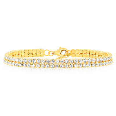 Sterling Silver Gold Plated 2mm Cubic Zirconia Double Row 16+3cm Tennis Bracelet