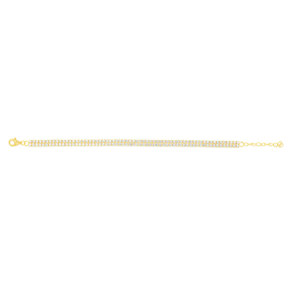 Sterling Silver Gold Plated 2mm Cubic Zirconia Double Row 16+3cm Tennis Bracelet