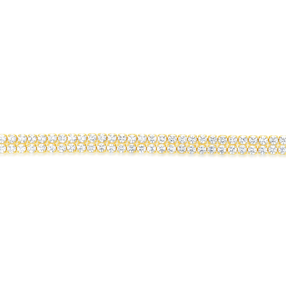 Sterling Silver Gold Plated 2mm Cubic Zirconia Double Row 16+3cm Tennis Bracelet