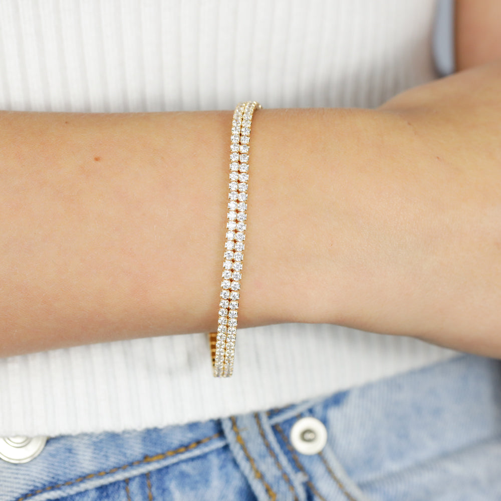 Sterling Silver Gold Plated 2mm Cubic Zirconia Double Row 16+3cm Tennis Bracelet
