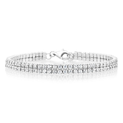 Sterling Silver Rhodium Plated 2mm Cubic Zirconia Two Row 16+3cm Tennis Bracelet