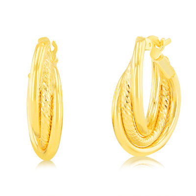 Sterling Silver Gold Plated Textured Plain Round Hoop Earrings