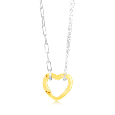 Sterling Silver Gold Plated Heart Pendant On Fancy 45cm Silver Chain