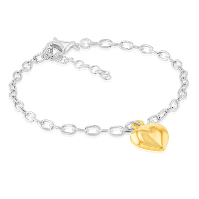 Sterling Silver Two Tone Heart Charm on 17+3cm Bracelet