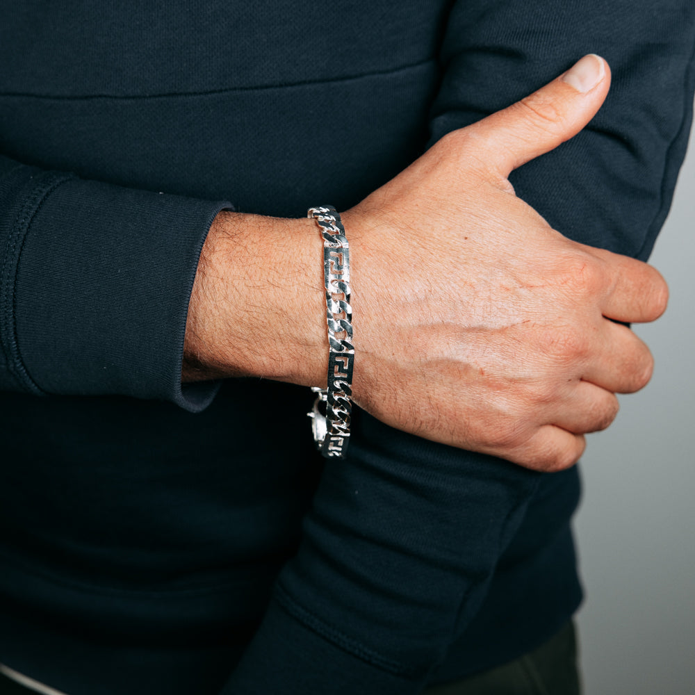 Sterling Silver Fancy 250 Gauge Curb And Green Link 23cm Bracelet