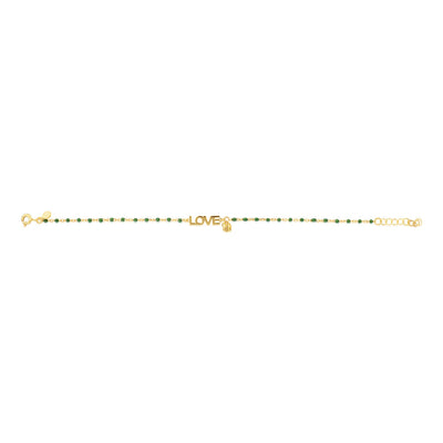 Sterling Silver Gold Plated Love Heart Charm Green Enamel Beads 17+2cm Bracelet