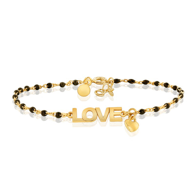 Sterling Silver Gold Plated Love Heart Black Enamel Bead 17+2cm Bracelet