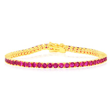 Load image into Gallery viewer, Sterling Silver Gold Plated 3mm Ruby Colored Cubic Zirconia 19cm Bracelet