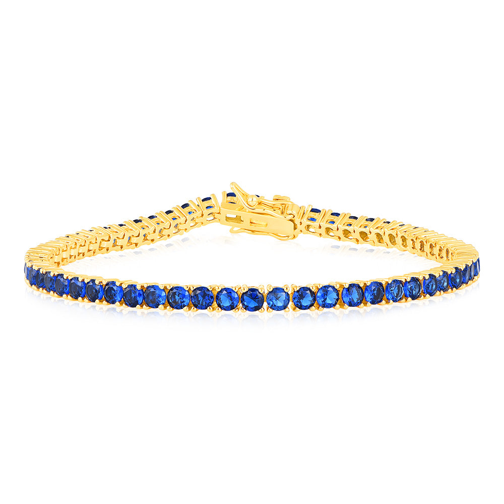 Sterling Silver Gold Plated 3mm Sapphire Blue Cubic Zirconia 19cm Bracelet