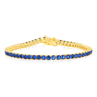 Sterling Silver Gold Plated 3mm Sapphire Blue Cubic Zirconia 19cm Bracelet