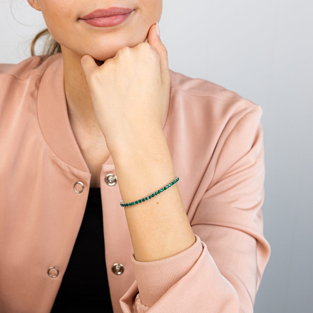 Sterling Silver Rhodium Plated 3mm Emerald Green Coloured Cubic Zirconia 19cm Bracelet