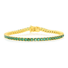 Load image into Gallery viewer, Sterling Silver Gold Plated 3mm Emerald Green Color Cubic Zirconia 19cm Bracelet