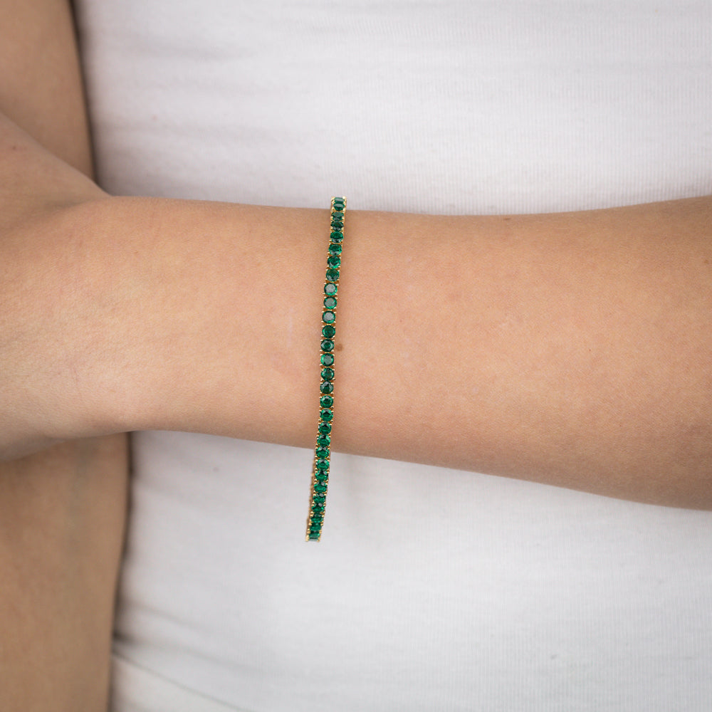 Sterling Silver Gold Plated 3mm Emerald Green Color Cubic Zirconia 19cm Bracelet