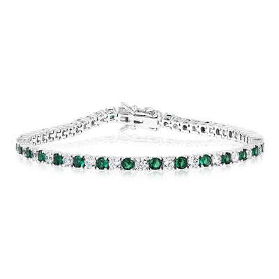 Sterling Silver Rhodium Plated 3mm White And Emerald Green Cubic Zirconia 19cm Bracelet