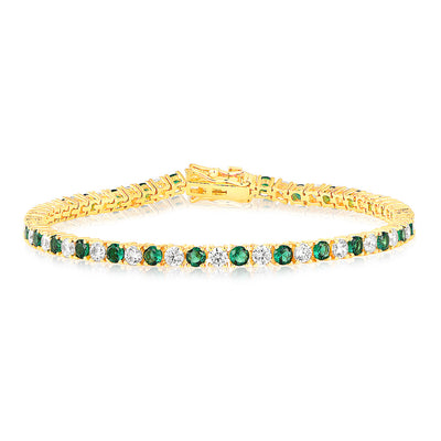 Sterling Silver Gold Plated 3mm White And Emerald Green Cubic Zirconia 19cm Bracelet