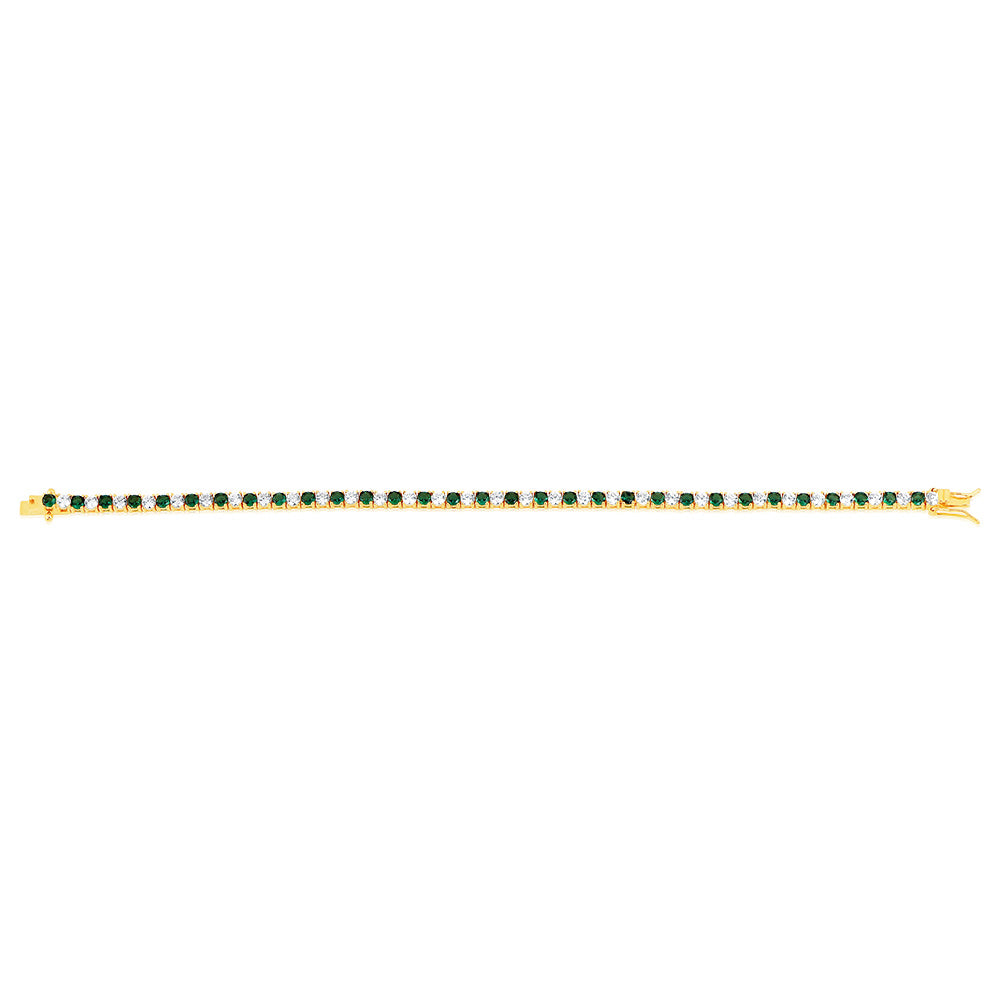 Sterling Silver Gold Plated 3mm White And Emerald Green Cubic Zirconia 19cm Bracelet