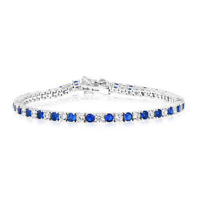 Sterling Silver Rhodium Plated 3mm White And Sapphire Blue Cubic Zirconia 19cm Bracelet