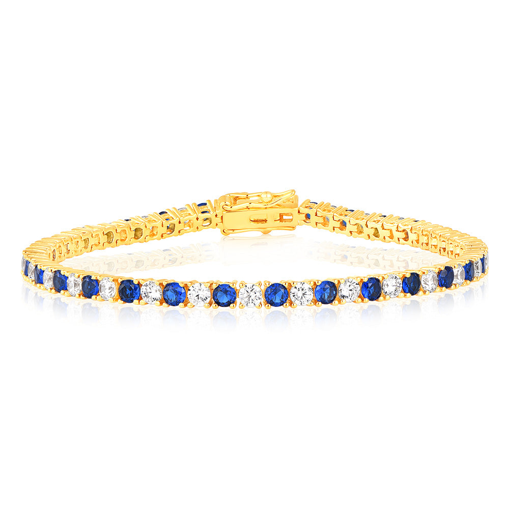 Sterling Silver Gold Plated 3mm White And Sapphire Blue Cubic Zirconia 19cm Bracelet