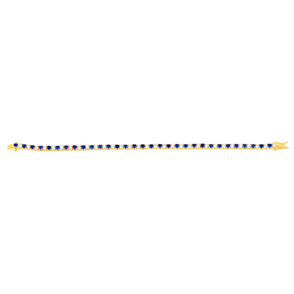 Sterling Silver Gold Plated 3mm White And Sapphire Blue Cubic Zirconia 19cm Bracelet