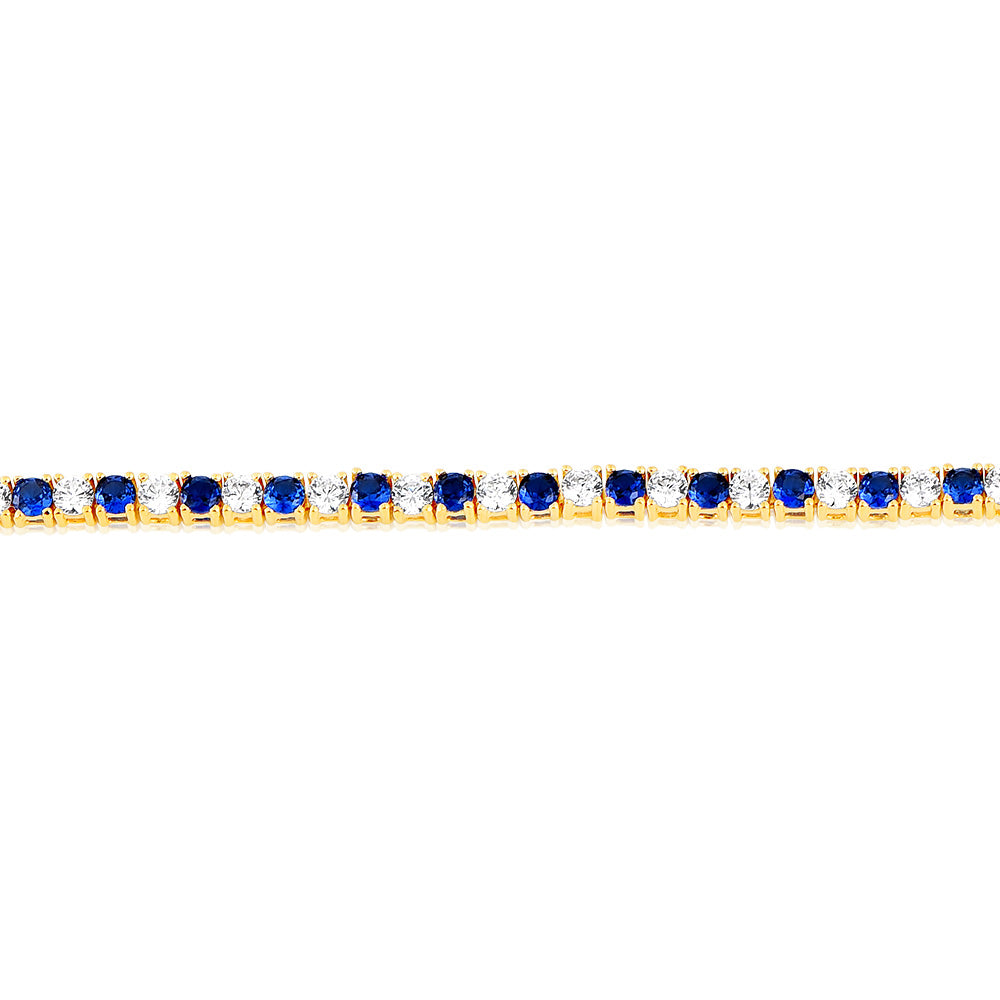 Sterling Silver Gold Plated 3mm White And Sapphire Blue Cubic Zirconia 19cm Bracelet