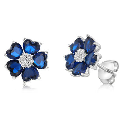 Sterling Silver Rhodium Plated White And Sapphire Blue Cubic Zirconia Flower Stud Earrings