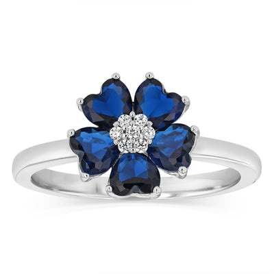 Sterling Silver Rhodium Plated White And Sapphire Blue Cubic Zirconia Flower Ring