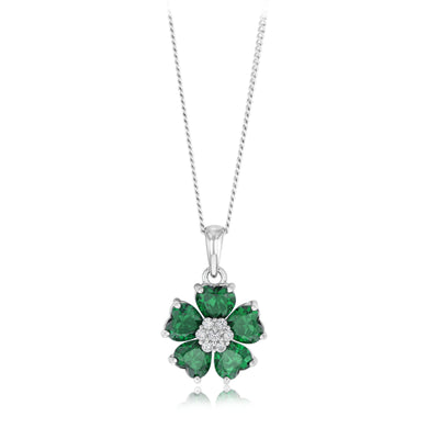Sterling Silver Rhodium Plated White And Green Cubic Zirconia Flower Pendant