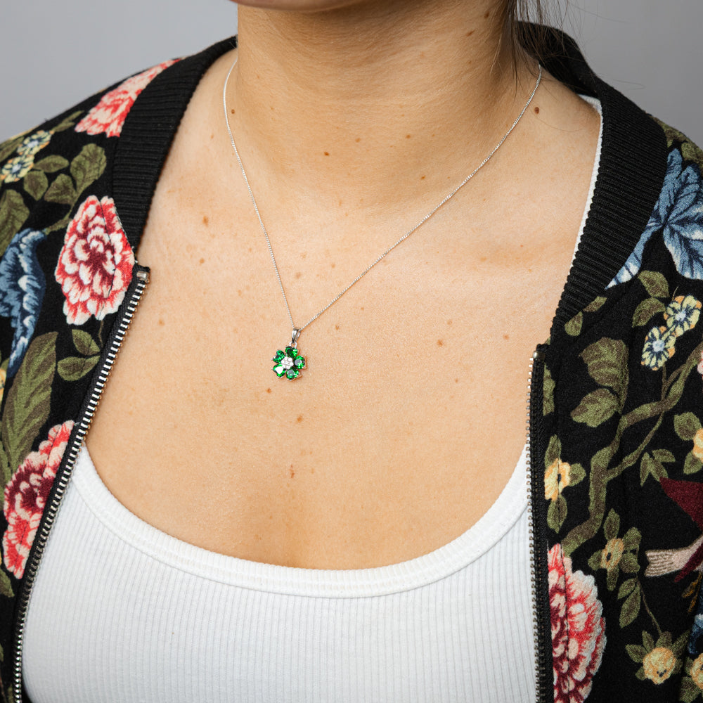 Sterling Silver Rhodium Plated White And Green Cubic Zirconia Flower Pendant